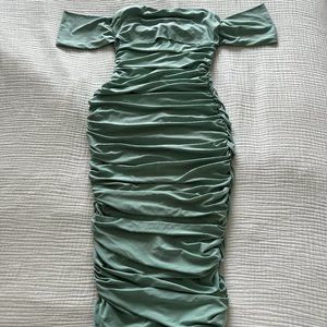 Sage Bardot Ruched Midi Maxi Dress
